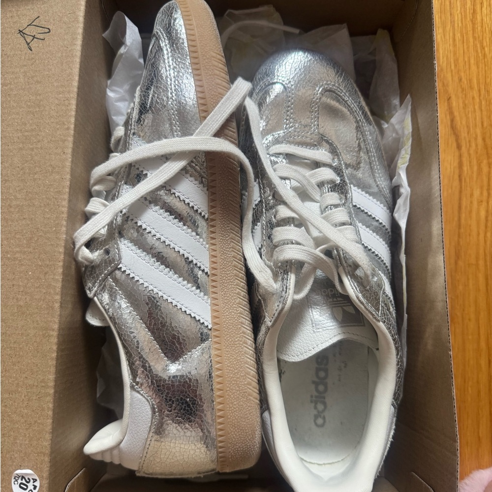 Adidas Samba Metallic Silver Sneakers with White Stripes. Like new, barely worn